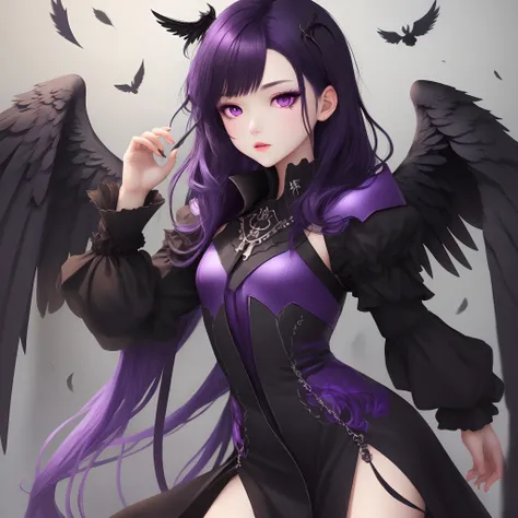 Fallen angel with dark purple hair, black eyes, 4 black wings, somewhat androgynous appearance