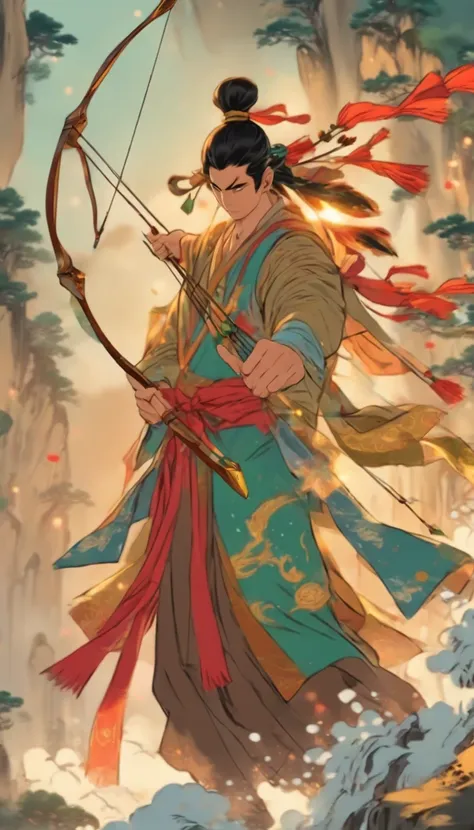 (((Man Holding a Bow))) best quality, ultra-high resolution, 4K detailed CG, master piece,Man,Chinese clothing, Chinese mythology, ((bow and arrow in hands)),Chinese painting style,Shui Mo Hua,Thangka Style, Aesthetics, screen-centered