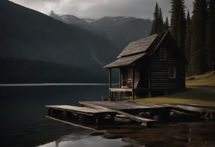 arafed cabin in the middle of a lake with mountains in the background, inspired by Ansel Adams, moody setting, moody morning light, moody scene, wood cabin in distance, old cabin, gloomy mood. greg rutkowski, near a small lake, colorless and silent, dark a...