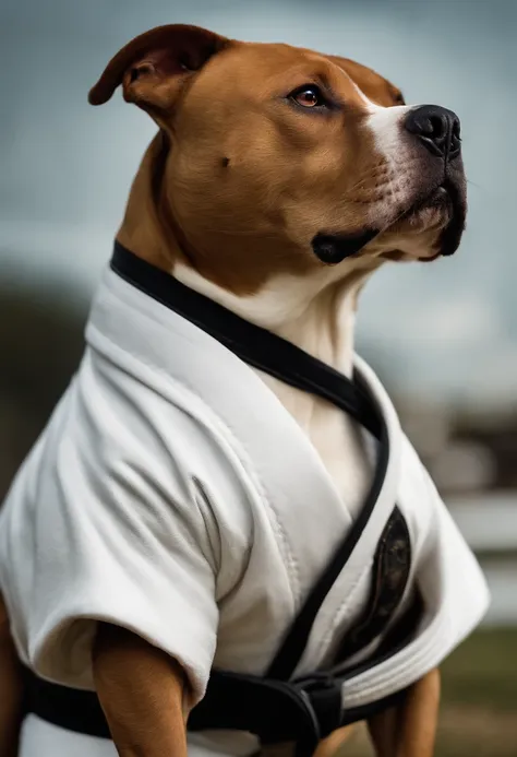 A pitbull dog standing, Mau e muito forte, musculoso, vestido com um quimono branco, Black belt judo style, estilo dos desenhos animados