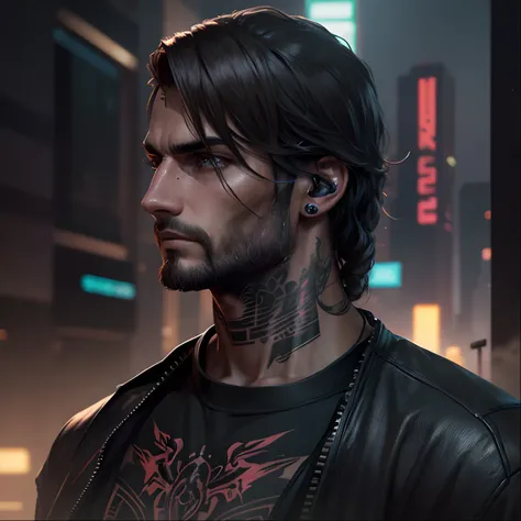 Sci-fi, cyberpunk, tattoo on neck, normal beard, muscular, realistic face,8k ultra hd