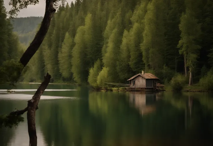 canne a peche au bord de leau, lac, petite maison de pecheur en fond, noature, foret, plaine, verdure, fusil sur un arbre, montagne, eau, naturel, rustic