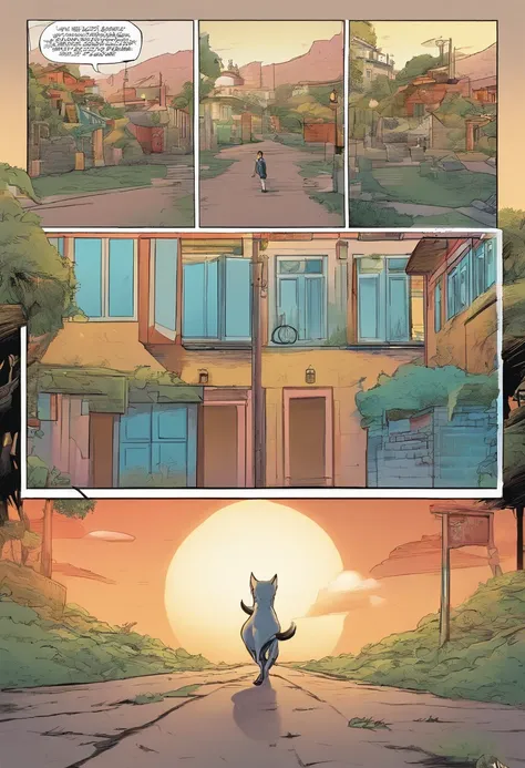 American comics, The comic story is presented in multiple irregular panels with color. American Shorthair Cat Struggles as He runs away from home and then reunites with his owner. El estilo es exagerado y detallado