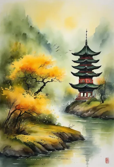 Yellow crane tower，Three cranes，Immortals，baiyun，eventide，Green trees，Grass，Smoke waves on the river