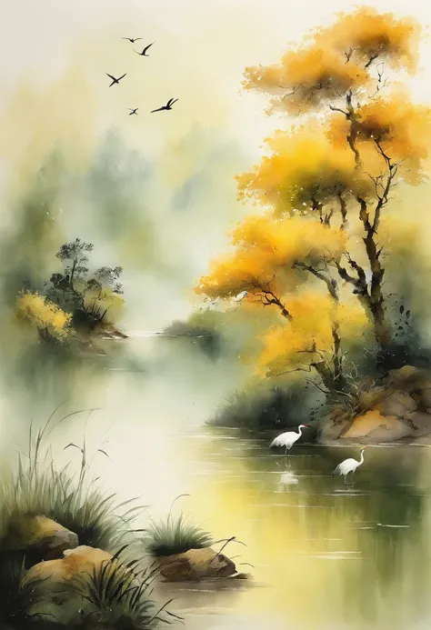 Yellow crane tower，Three cranes，Immortals，baiyun，eventide，Green trees，Grass，Smoke waves on the river