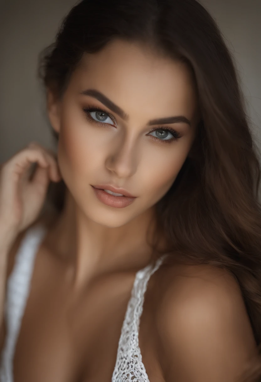 Oman with matching tank top and panties, fille sexy aux yeux verts, Portrait Sophie Mudd, Portrait de Corinna Kopf, brunette et grands yeux, selfie of a young woman, ohne Maquillage, maquillage naturel, Look directly into the camera, Visage avec Artgram, d...