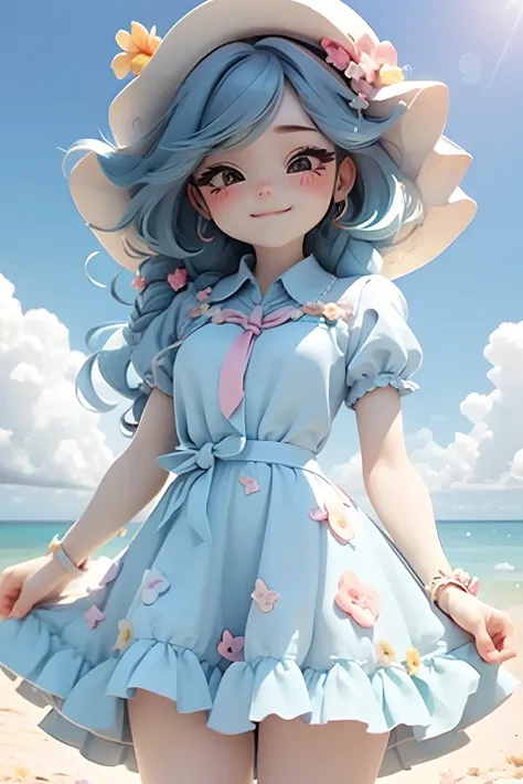 lolli girl in princess long blue dress with flower style, dark cyan hair, cute smile , cap, cute ribbons, necktie, beach summer