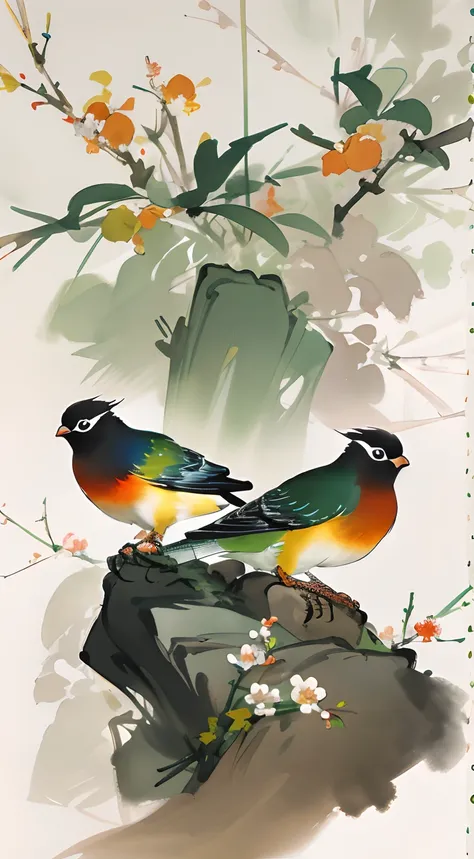 birds and flowers，[(White background:1.5)::5]，China-style，florals，flowers in full bloom，Flowers，green leaf，Colorful feathered birds，steins，rays of sunshine，an Chinese ink painting style，aquarelle，（light and shadow effect），（Movie lighting），（rendering by oct...