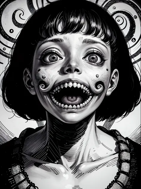 [(Junji Ito:1.5), detailed manga line art illustration of creepy girl, dark, black and white, scared, horrified, terrified, insane, creepy, unsettling, disturbing, (horror manga style), twisted, warped, psychological horror, grotesque, morbid, surreal]