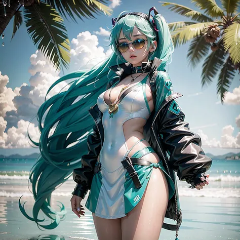 Hatsune Miku looks stunning in her tropical maid outfit against a backdrop of vibrant colors and perfectly complementing lighting. The outfits intricate details, rendered with realistic textures and reflections, stand out. The raindrops on Mikus jacket are...