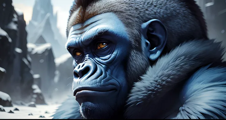 Blue gorilla realistic fur in planet film cover ultra realistic realism