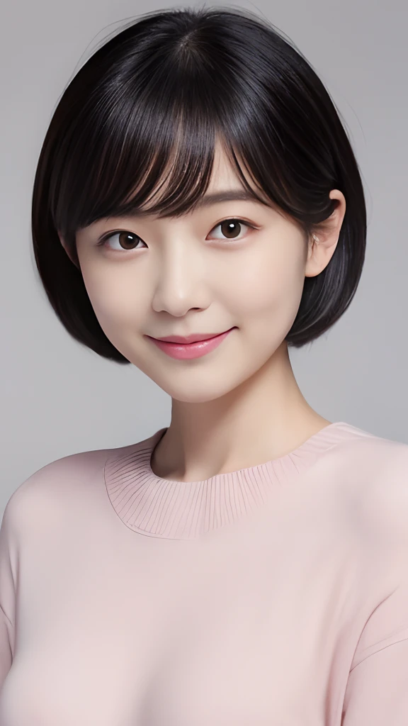 (the Extremely Detailed CG Unity 8K Wallpapers,masutepiece, Best Quality, Ultra-detailed, Looking at the camera, Light on Face, Gray background), The upper part of the body: Boat neck sweater in pastel colors,
 lowerbody: Light pink skirt, A Japanese Lady,...