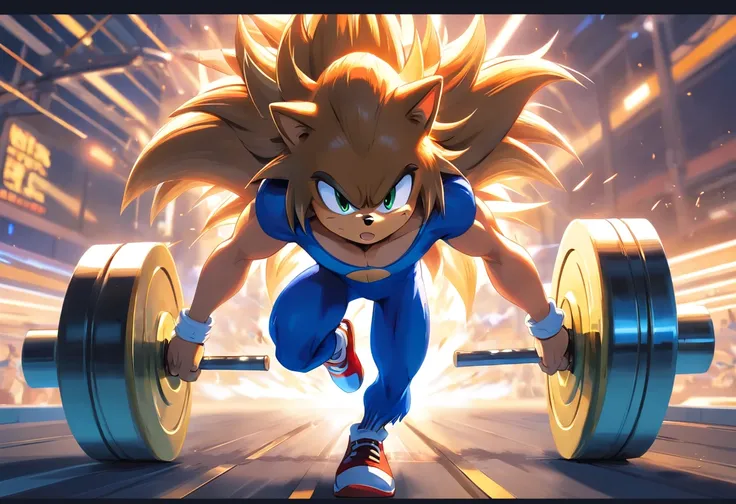 (a t-shirt illustration of a muscular Sonic the hedgehog, antrofomórfico, Sonic the hedgehog,macho, forte, Barbell, malhar intensamente em uma academia)