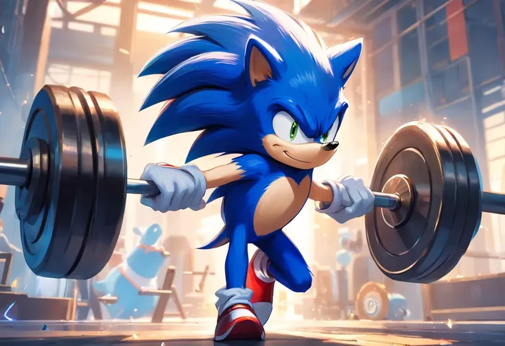 (a t-shirt illustration of a muscular Sonic the hedgehog, antrofomórfico, Sonic the hedgehog,macho, forte, Barbell, malhar intensamente em uma academia)