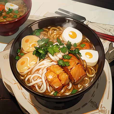 delicious bowl of ramen noodles, shot from top down, into the bowl