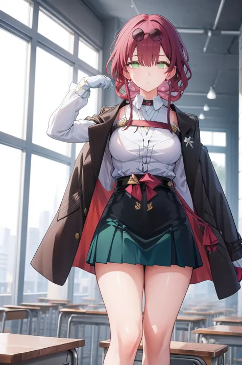 tooruhagakure, tooru hagakure, (green eyes:1.5), red hair, messy hair, multicolored hair, thick eyelashes, two-tone hair,
BREAK collared shirt, gloves, blue skirt, necktie, pleated skirt, red necktie, school uniform, shirt, skirt, u.a. school uniform, whit...