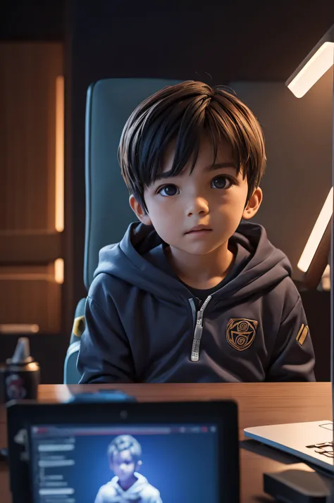 There are two children, one standing behind the boy sitting at a table with a laptop, sentado em um computador, twins playing video games, jogo de computador, futuro codificador olhando para, pintado digitalmente, ainda de um filme live action, Artista CG,...