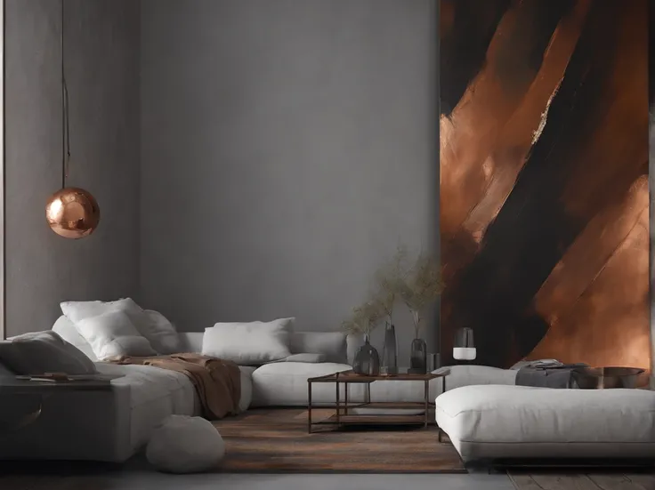 Abstraction for Interior Painting. Predominantly grey with splashes of copper and brown. You can make a small bright spot of white to create some kind of accent.