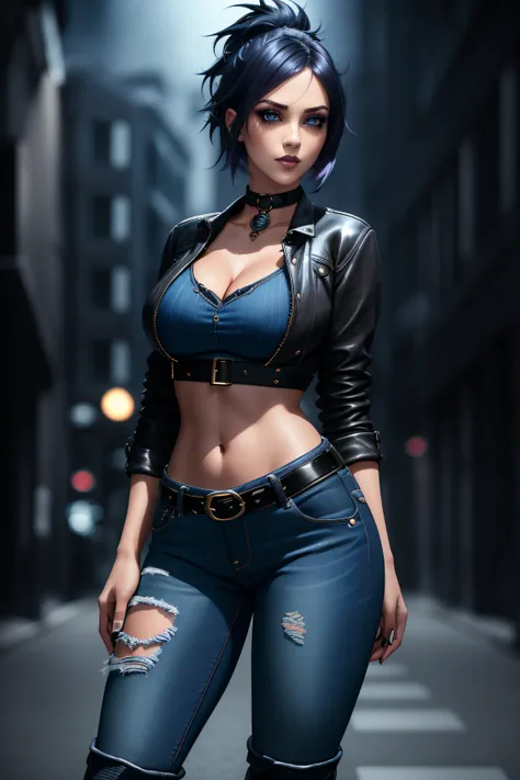 beautiful girl, full body, short bright blue dishevelled hair, black eyeshadow, (street style wear:1.2), ((tight fitted denim jeans)), ((knee high leather boots)), (deep cleavage), (dark city night background:1.2), dark makeup, digital art, trending on art...