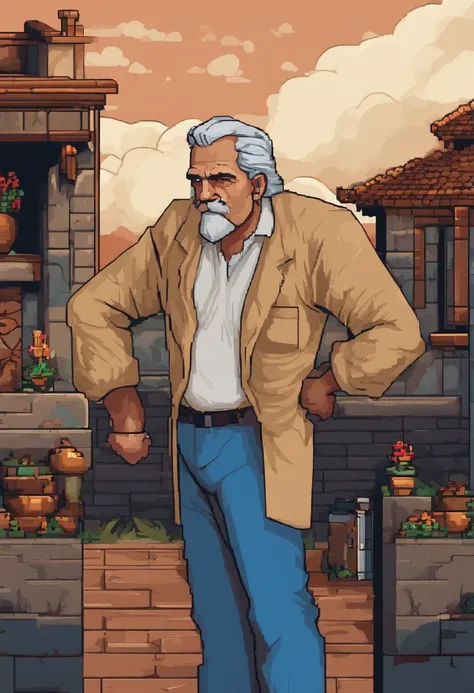 (masterpiece, top quality, best quality), pixel,pixel art, small pixel art character, old man, standing facing right, posing looking to the right, wearing normal white t-shirt, wearing blue pants, has mustache, full body, angry face, pixel art