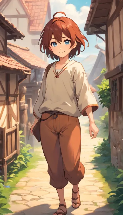 Conan Exiles style, one children (male) (12 years old), Tan skin, 1kid, top rated Pixiv, slim body, long sleeved shirt, brown pants, short wavy bright_red hair, short hair, different eyes (heterochromia), D&D character, Peasant boy, villager , Friendly Smi...