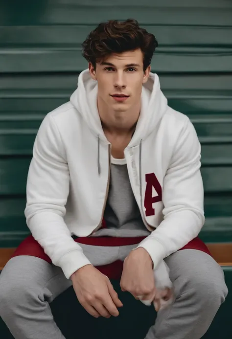 shawn mendes wearing a white hoodie with a mckinley high school varsity jacket over it, and grey sweatpants