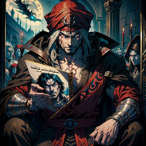 Castlevania Hyper Realistic Shadow Lord Super Detailed Dynamic Plan Master Piece of Lord Dracula Medieval Arab Warrior with Red Turban Scary Face Hokuto No Ken Structure Muscular Face Kenshiro Sitting in His Great Legendary Moroccan Throne Surrounded by De...