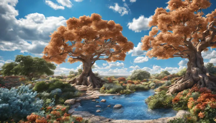 beautiful tree of life, biblical, beautiful blue sky, photorealistic, 8k, super detail, accurate, best quality.