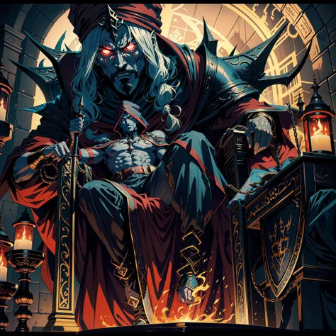 Castlevania Hyper Realistic Shadow Lord Super Detailed Dynamic Plan Master Piece of Lord Dracula Medieval Arab Warrior with Red Turban Scary Face Hokuto No Ken Structure Muscular Face Kenshiro Sitting in His Great Legendary Moroccan Throne Surrounded by De...