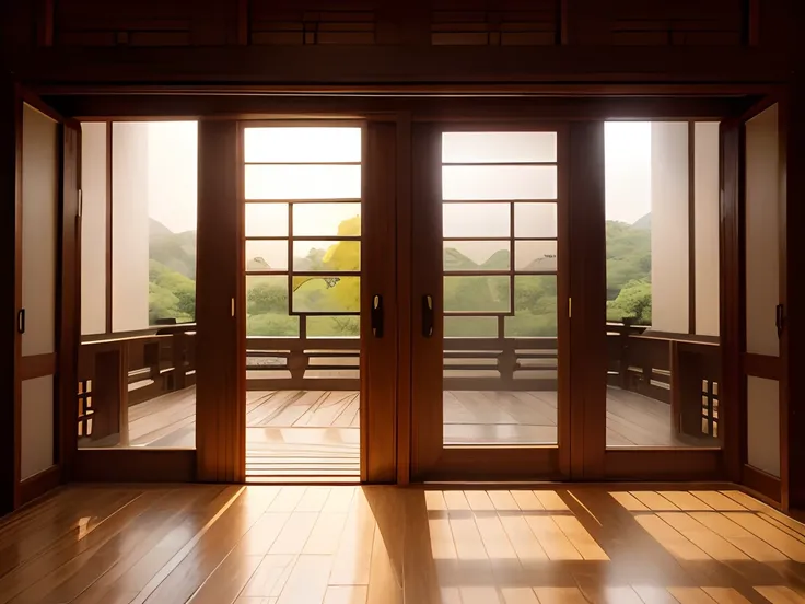 large windows , Buddhist style , wood material, more detail in window