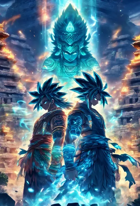 (((twin brothers))) best quality, very high resolution, detailed CG in 4K, masterpiece, Gemini, Mayan clothing, Mayan mythology, Mayan ruins, aesthetics, ((brothers)), Beautiful image, centered on the screen