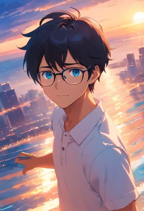 masterpiece, best quality, movie still, 1boy, dark skin, blue eyes, short black hair, glasses, white polo, blue shorts, floating in the sky, close-up, bright, happy, warm soft lighting, sunset, (sparks:0.7)