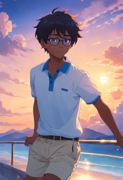 masterpiece, best quality, movie still, 1boy, dark skin, blue eyes, short black hair, glasses, white polo, blue shorts, floating in the sky, close-up, bright, happy, warm soft lighting, sunset, (sparks:0.7)