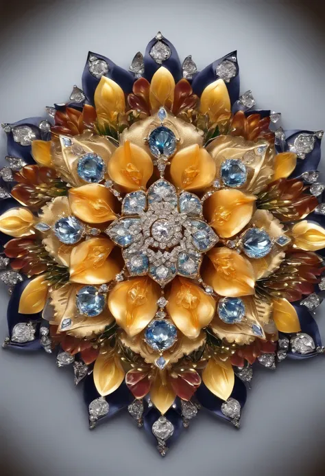 mandala, Lotus Flower, Six crystal petals, contorno de ouro branco, A diamond in each petal, um diamante central