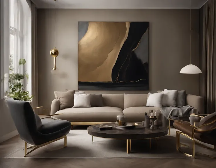 Abstraction for Interior Painting. Predominantly grey or beige colour interspersed with brass and brown shades. You can make a small bright spot of white to create some kind of accent. Avoid Color Black.