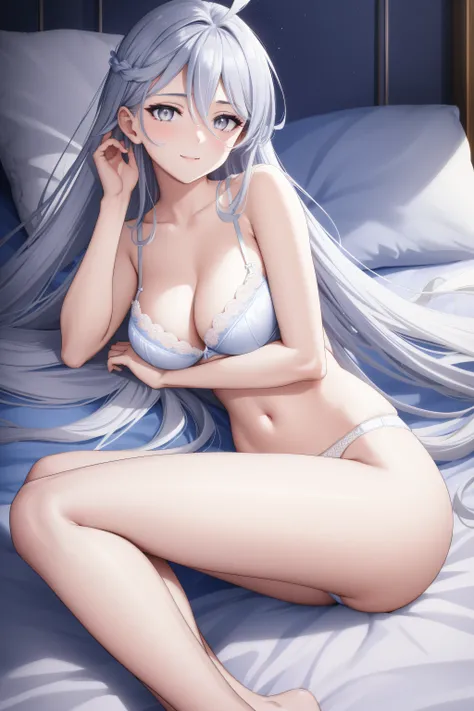 a blue background with stars and snowflakes,
laying on a bed with a flower,lying, on_bed, on_side, pillow, 
lingerie,bare_shoulders,white lingerie bra,white lingerie pantyhose, white lingerie panties, 
miorine rembran, ahoge, (grey eyes:1.5), grey hair, ha...