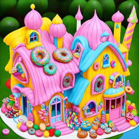 Araffes house with lots of donuts on it, in a candy land style house, Chapel of David, Colorful House, inspired by David LaChapelle, David LaChapelle, Architecture of America, Beautiful house, Fantasy Bakery, Joel Sternfeld, Ron English, hamburger, (Fantas...