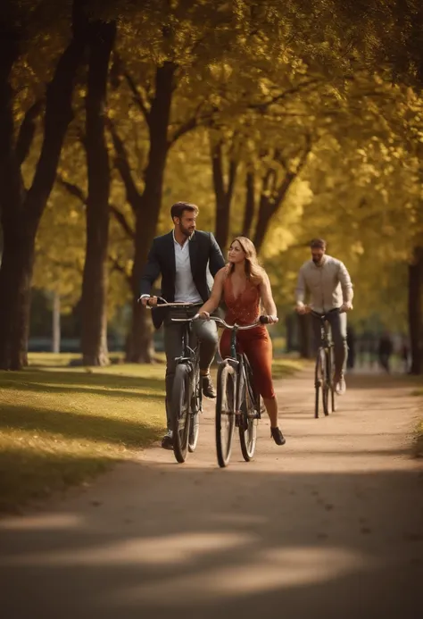 a woman and a man in a park watching a girl ride a bicycle, 3d image, real