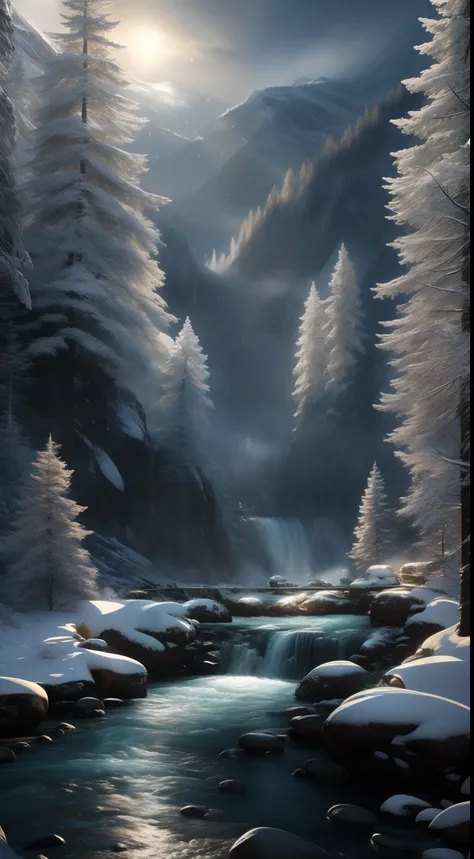 Award-winning concept art, a highly detailed a river rushing through a snowy ravine, winter trees, falling snow, chiaroscuro, hyperrealism, luminism, by Darek Zabrocki and Joseph McGurl and Bierstadt, hd, very detailed, 4k, 8k,