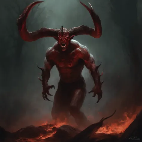 A painting of a horned devil man with a bloodied face and a bloodied head,  roaring , carnage, Sci - Horror Art of Fiction, Science fiction horror artwork, inspired by Aleksi Briclot, satan de carnage, Horror fantasy art, par Aleksi Briclot, Horror concept...