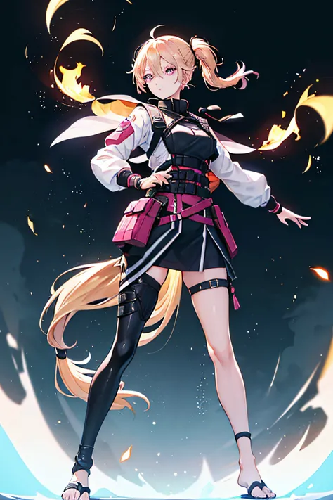 One girl、Full body standing picture、late 20s age、a blond、long pony tail、a cool、Tactical Fashion、Cool pose、brownish colors、Tsuriformes、Pink eyes、spark of light、Hair that flutters in the wind、The whole body to the toes、portfolio、combat pose、Setting image