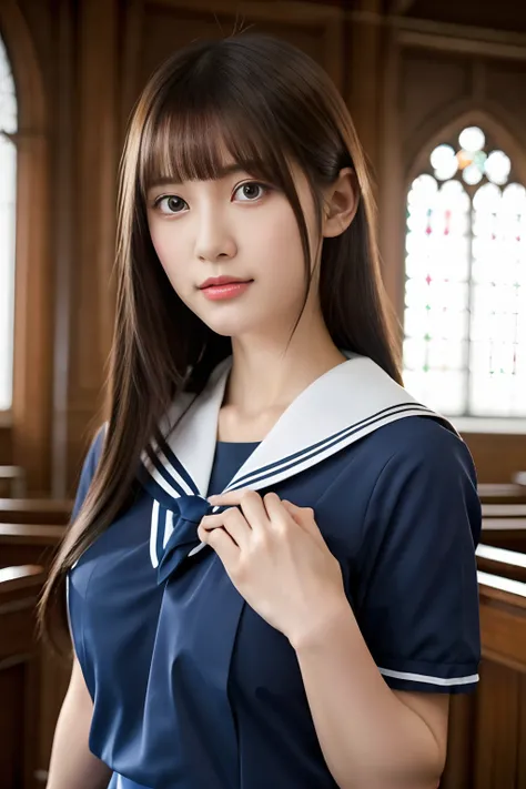 (((Draw only one woman: 2))), Beautiful 18 year old Japan woman, (High school girl in short-sleeved sailor suit: 1.5), (Japan strict girls school sailor uniform), ( High school girl pretending to be sitting in church pews: 1.2), (Beautiful and elaborate st...