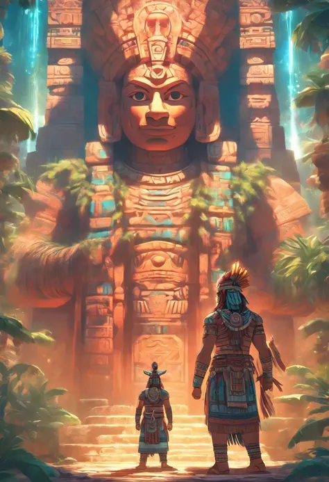 (((Mayan Twins))) best quality, ultra-high resolution, 4K detailed CG, masterpiece, Hun-Hunahpu, Xbalanque,two men, temple, Mayan clothing, Mayan mythology, cactus, stream, desert, sunlight , Mexico, aesthetics, Beautiful image, centered on the screen