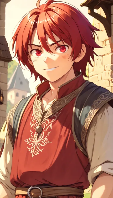 One dirty child (male) (13 years old), Tan skin, 1kid, muscular body, ((medieval villager clothing: 1.9)), bright_red hair, short hair, different eyes (heterochromia), Peasant boy, villager , Friendly Smile, heroic, face scars, slightly sloppy clothes, Med...