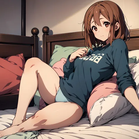 Yui Hirasawa, (1Girl), pink shirt, strawberry design, blue panties, lying in bed, looking at viewer, seductive, enticing, High Quality, full body