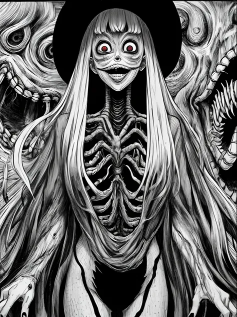 (Junji Ito:1.5), detailed black and white manga line art illustration of grotesque creepy girl, standing in street of warped surreal city, ((cowboy shot)), fractal art, scared, horrified, terrified, insane, creepy, unsettling, disturbing, body horror, (hor...