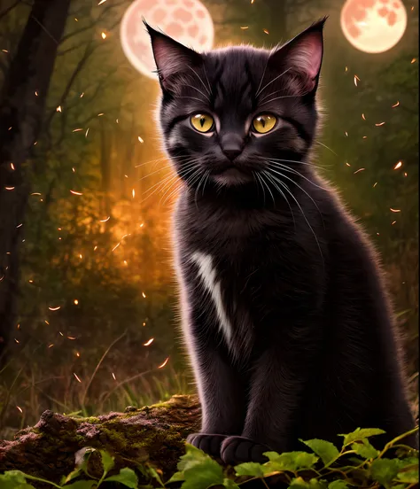 Werekitten, black fur, glowing cat eyes, dark woods, blood moon, fireflies,