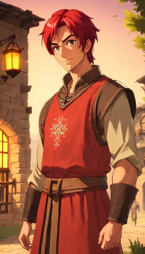 One dirty child (male) (13 years old), Tan skin, 1kid, ((slim fit muscular body: 1.5)), ((medieval villager clothing: 1.9)), bright_red hair, short hair, different eyes (heterochromia), Peasant boy, villager , Friendly Smile, heroic, slightly sloppy clothe...