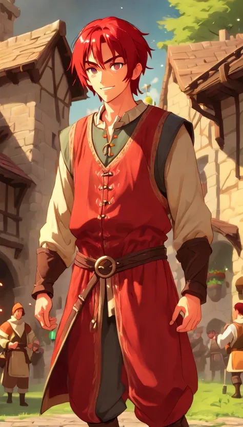 One dirty child (male) (13 years old), Tan skin, 1kid, ((slim fit muscular body: 1.5)), ((medieval villager clothing: 1.9)), bright_red hair, short hair, different eyes (heterochromia), Peasant boy, villager , Friendly Smile, heroic, slightly sloppy clothe...