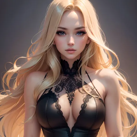 Blonde (best quality,8k,realistic,photorealistic:1.2),blonde wavy hair,beautiful girl,sexy black dress,cute expression,detailed eyes and lips,realistic photo-like image,ultra-detailed,fine details,fashionable,studio lighting,vivid colors,warm color palette...